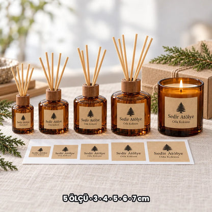 Kare kraft etiket ölçüleri: 3, 4, 5, 6 ve 7 cm beş farklı şişede