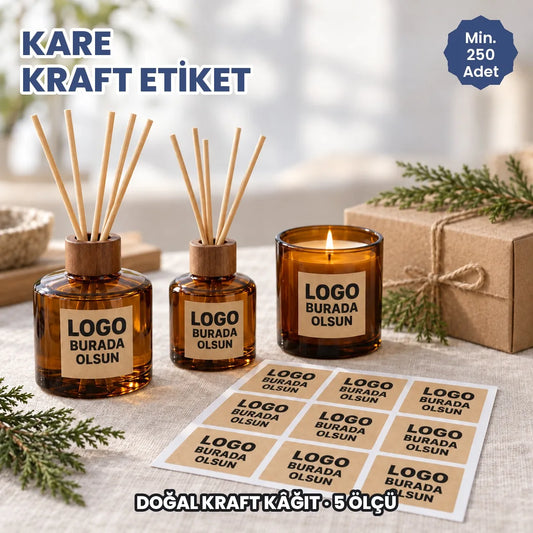 Kare kraft etiket: logonuzun basılacağı doğal kraft kare etiketler oda kokusu şişelerinde ve tabakada