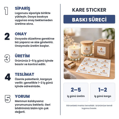 Kare Sticker baskı süreci: sipariş, onay, üretim 2–5 iş günü, teslimat 1–2 iş günü