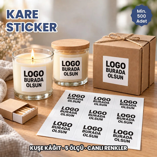 Kare sticker: logonuzun basılacağı kuşe kâğıt kare etiketler mum kavanozlarında, kutuda ve tabakada