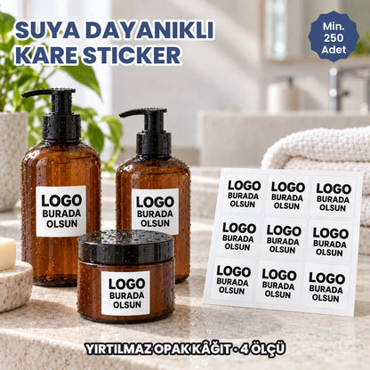 Suya dayanıklı kare sticker: logonuzun basılacağı kare etiketler ıslak şampuan şişelerinde ve tabakada