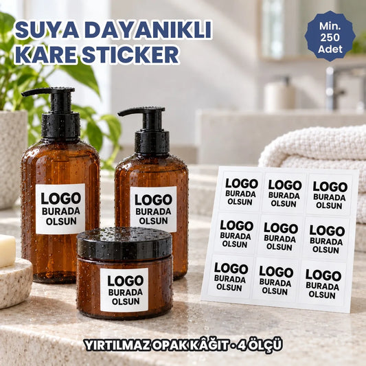 Suya dayanıklı kare sticker: logonuzun basılacağı kare etiketler ıslak şampuan şişelerinde ve tabakada