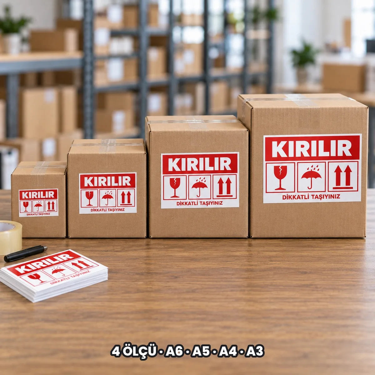 Kargo kırılır etiketi seçenekleri: 4 ÖLÇÜ, A6, A5, A4, A3