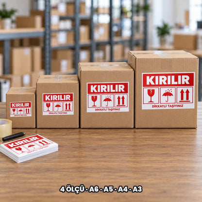 Kargo kırılır etiketi seçenekleri: 4 ÖLÇÜ, A6, A5, A4, A3