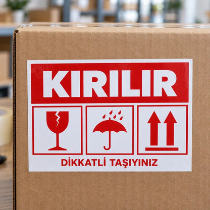 Kargo kırılır etiketi yakın plan: baskı kalitesi ve malzeme detayı