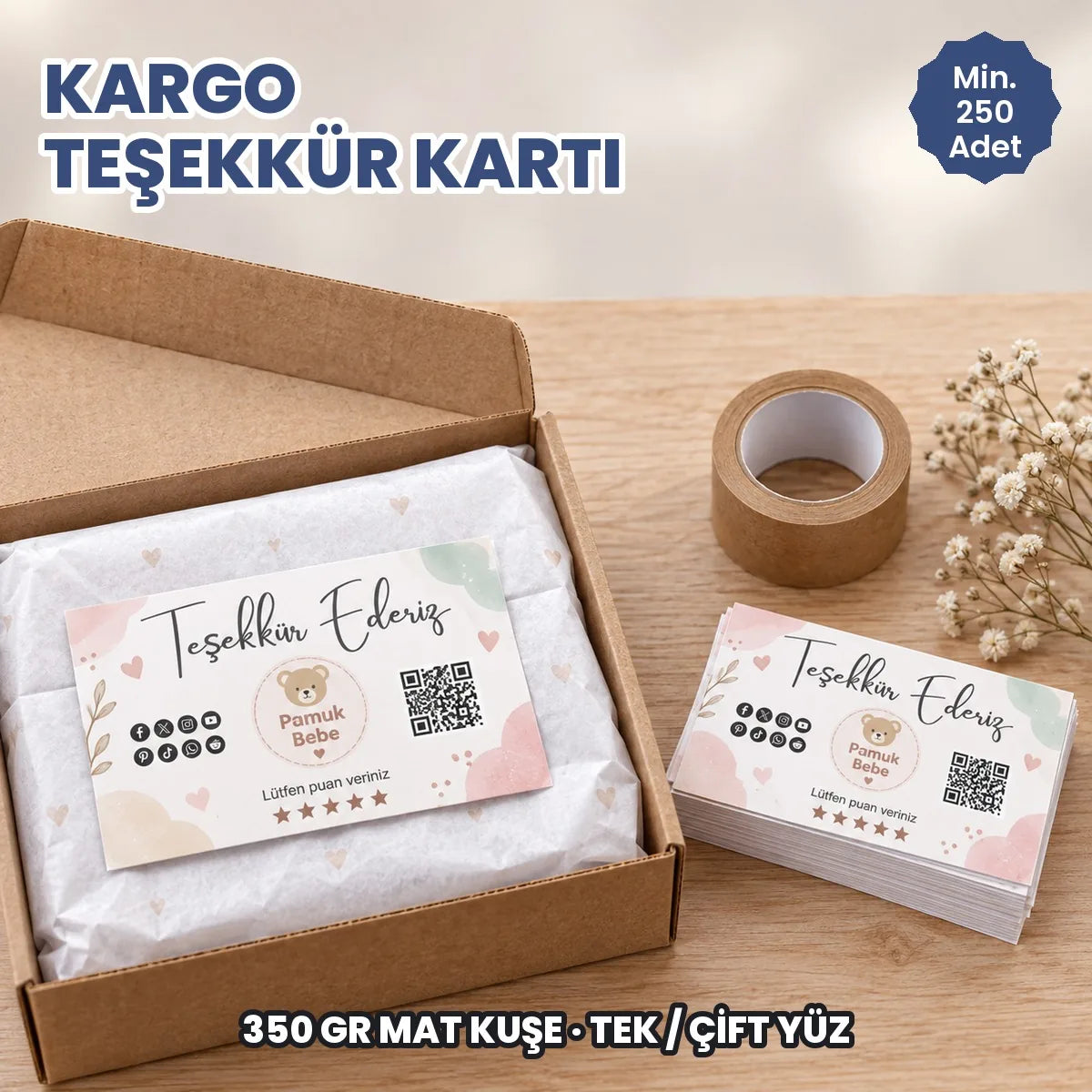 Kargo teşekkür kartı örneği: QR kodlu ve sosyal medya ikonlu teşekkür kartı sipariş kutusunun içinde