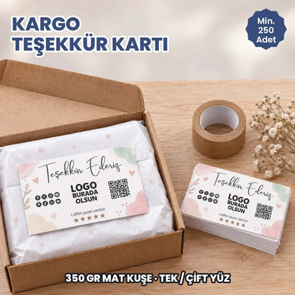 Kargo teşekkür kartı: logonuzun basılacağı 350 gr mat kuşe teşekkür kartı kargo kutusunda