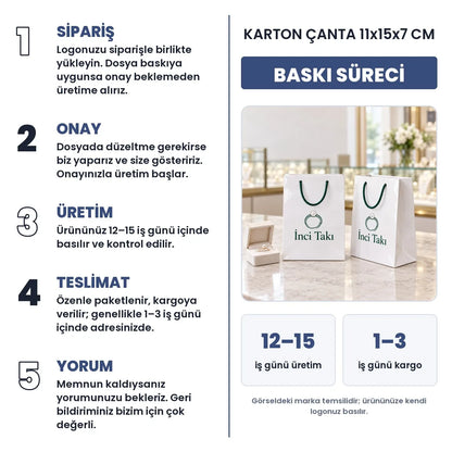 Karton çanta 11x15x7 cm baskı süreci: sipariş, onay, üretim 12–15 iş günü, teslimat 1–3 iş günü