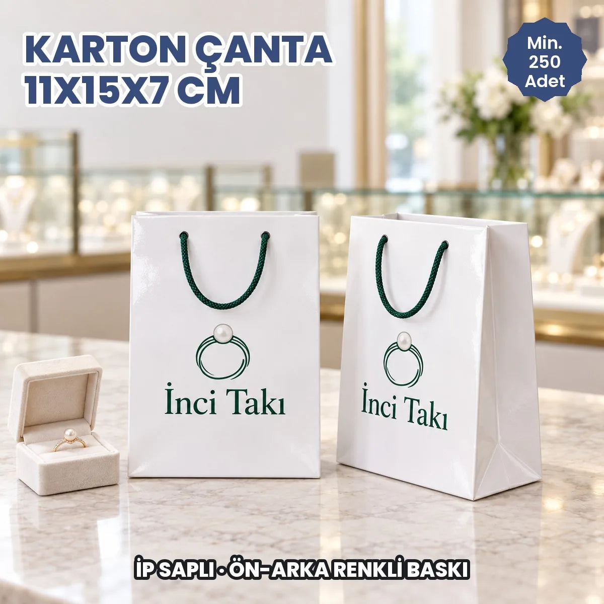 Karton çanta 11x15x7 cm örneği: ön ve arka yüzü baskılı, ip saplı parlak selofanlı kâğıt çanta