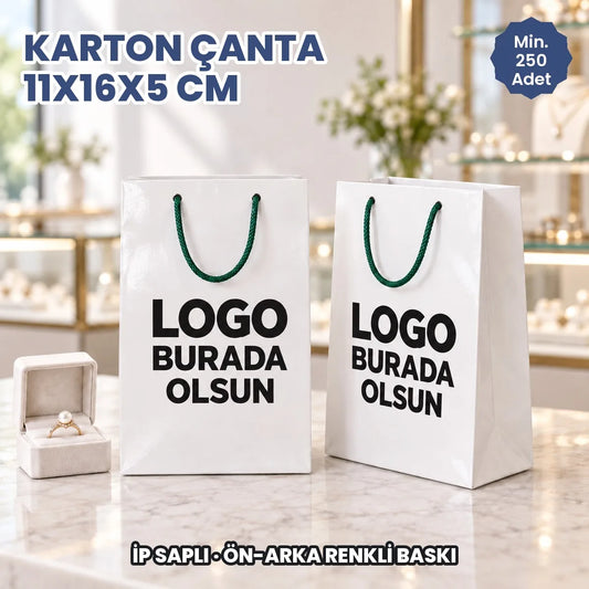 Karton çanta 11x16x5 cm: logonuzun basılacağı ön ve arka yüzü gösteren ip saplı kâğıt çanta