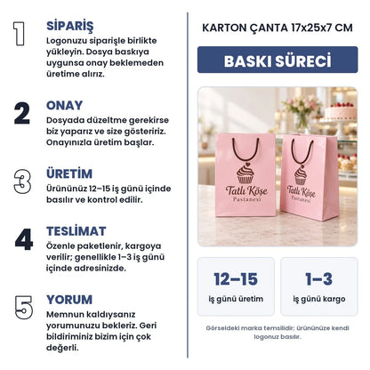 Karton çanta 17x25x7 cm baskı süreci: sipariş, onay, üretim 12–15 iş günü, teslimat 1–3 iş günü