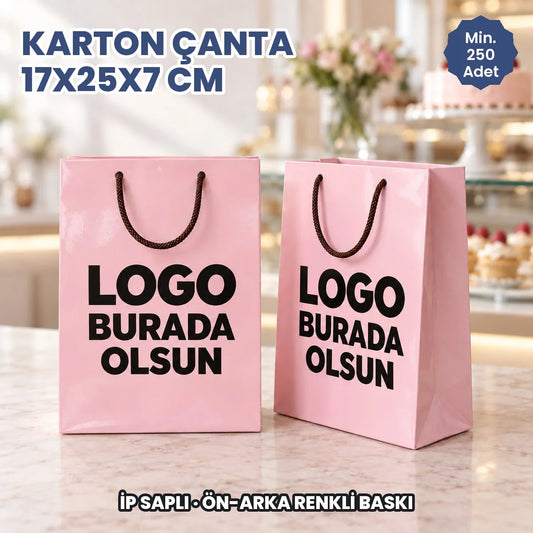 Karton çanta 17x25x7 cm: logonuzun ve bilgilerinizin basılacağı alanları gösteren kapak görseli