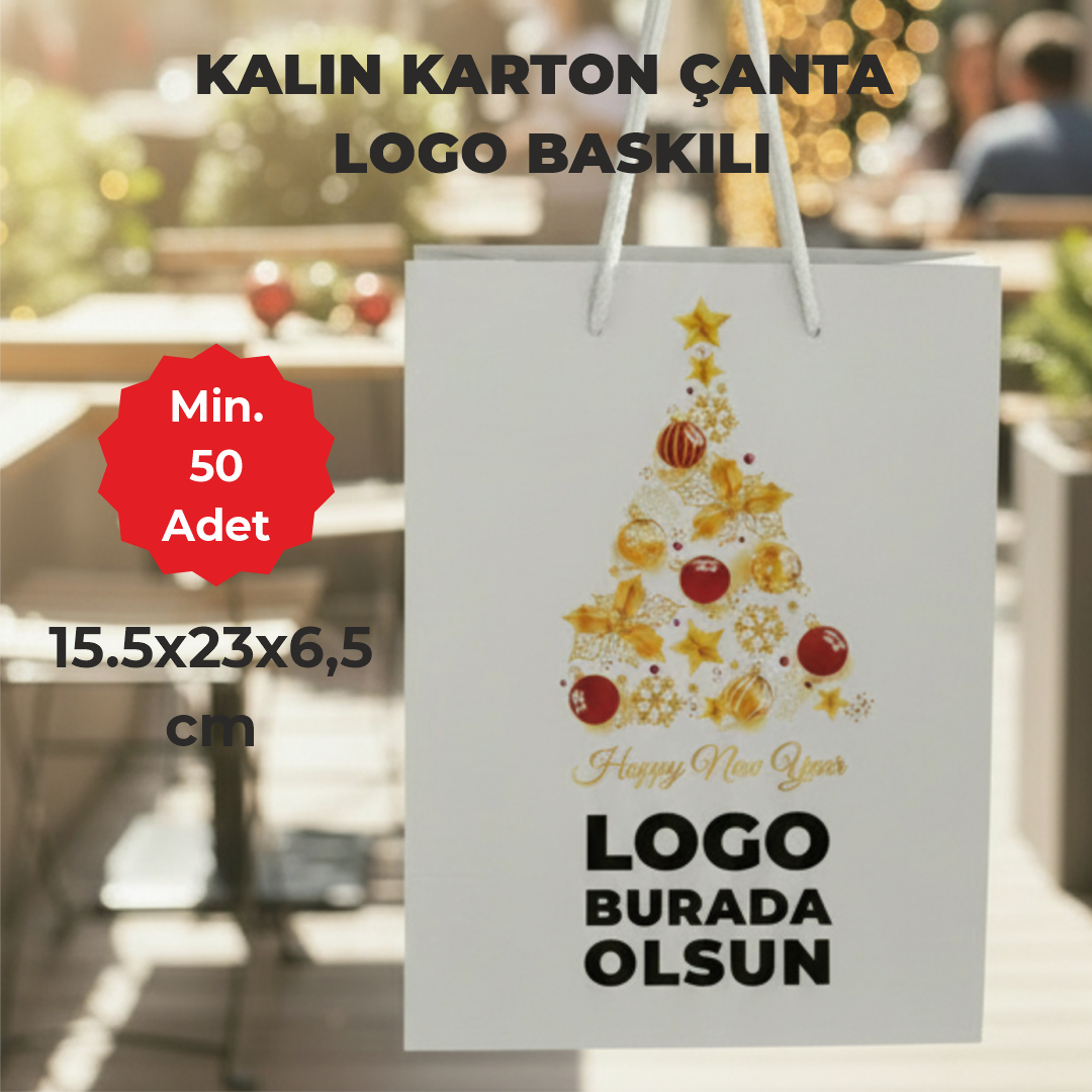 Yılbaşı Beyaz Karton Çanta – 19 Farklı  Tasarım - Özelleştirilebilir - 15.5x23x6.5 cm
