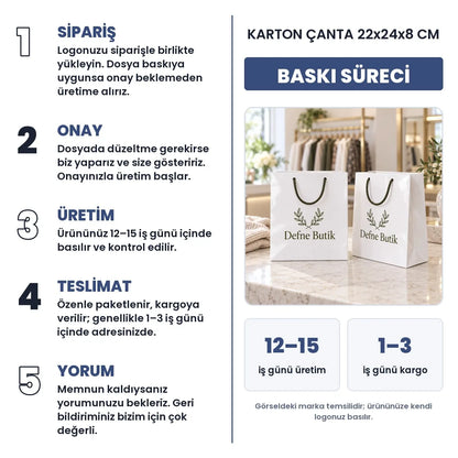 Karton çanta 22x24x8 cm baskı süreci: sipariş, onay, üretim 12–15 iş günü, teslimat 1–3 iş günü