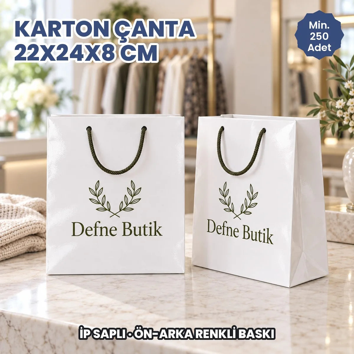 Karton çanta 22x24x8 cm örneği: ön ve arka yüzü baskılı, ip saplı parlak selofanlı kâğıt çanta