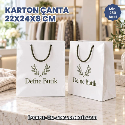 Karton çanta 22x24x8 cm örneği: ön ve arka yüzü baskılı, ip saplı parlak selofanlı kâğıt çanta