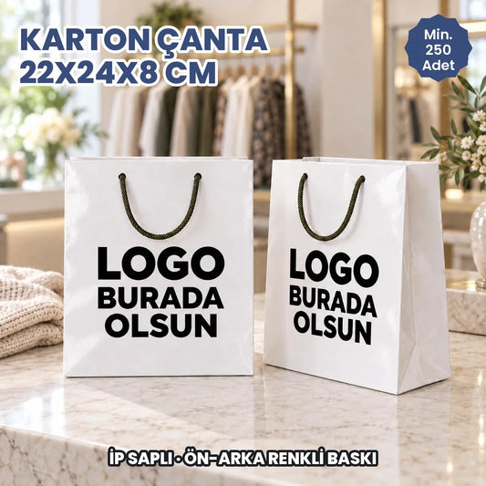 Karton çanta 22x24x8 cm: logonuzun basılacağı ön ve arka yüzü gösteren ip saplı kâğıt çanta