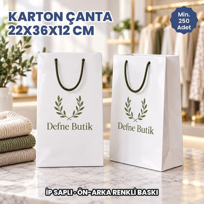 Karton çanta 22x36x12 cm örneği: ön ve arka yüzü baskılı, ip saplı parlak selofanlı kâğıt çanta