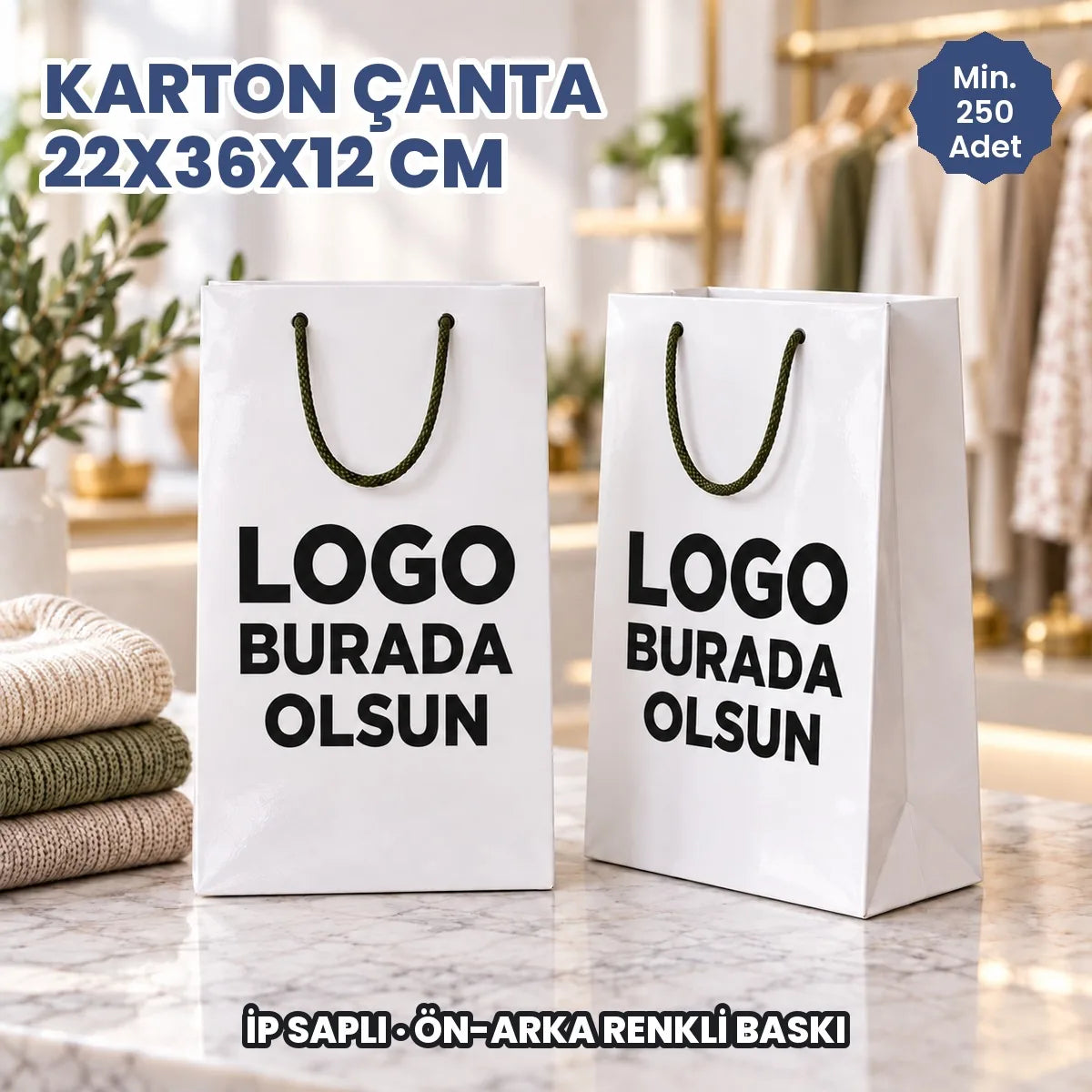 Karton çanta 22x36x12 cm: logonuzun basılacağı ön ve arka yüzü gösteren ip saplı kâğıt çanta