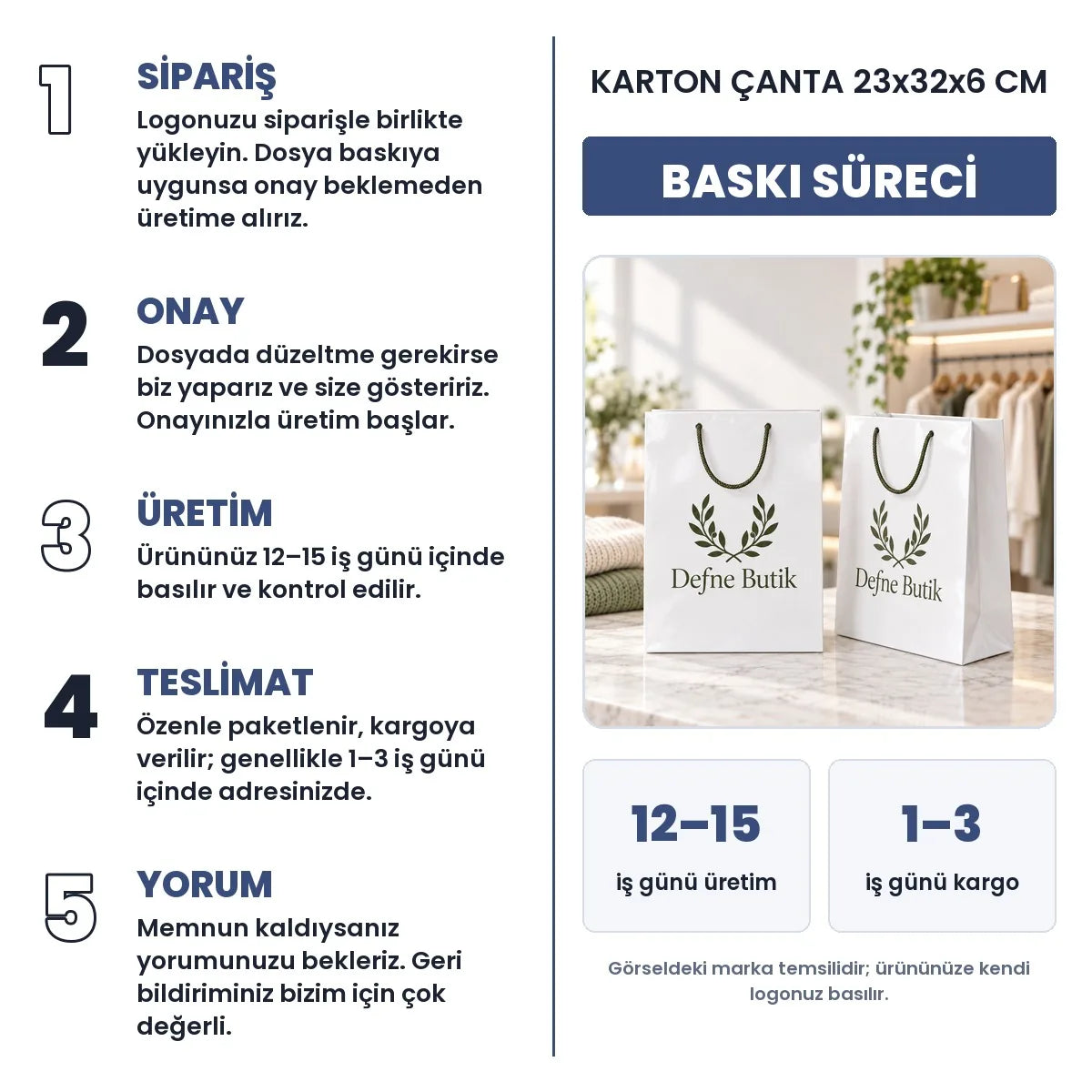 Karton çanta 23x32x6 cm baskı süreci: sipariş, onay, üretim 12–15 iş günü, teslimat 1–3 iş günü
