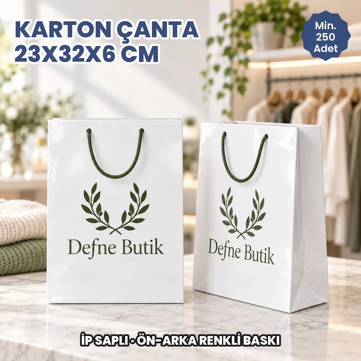 Karton çanta 23x32x6 cm örneği: ön ve arka yüzü baskılı, ip saplı parlak selofanlı kâğıt çanta