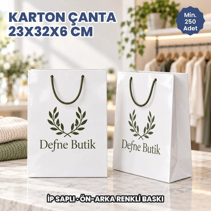 Karton çanta 23x32x6 cm örneği: ön ve arka yüzü baskılı, ip saplı parlak selofanlı kâğıt çanta