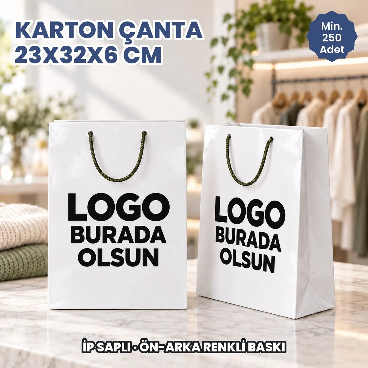 Karton çanta 23x32x6 cm: logonuzun basılacağı ön ve arka yüzü gösteren ip saplı kâğıt çanta