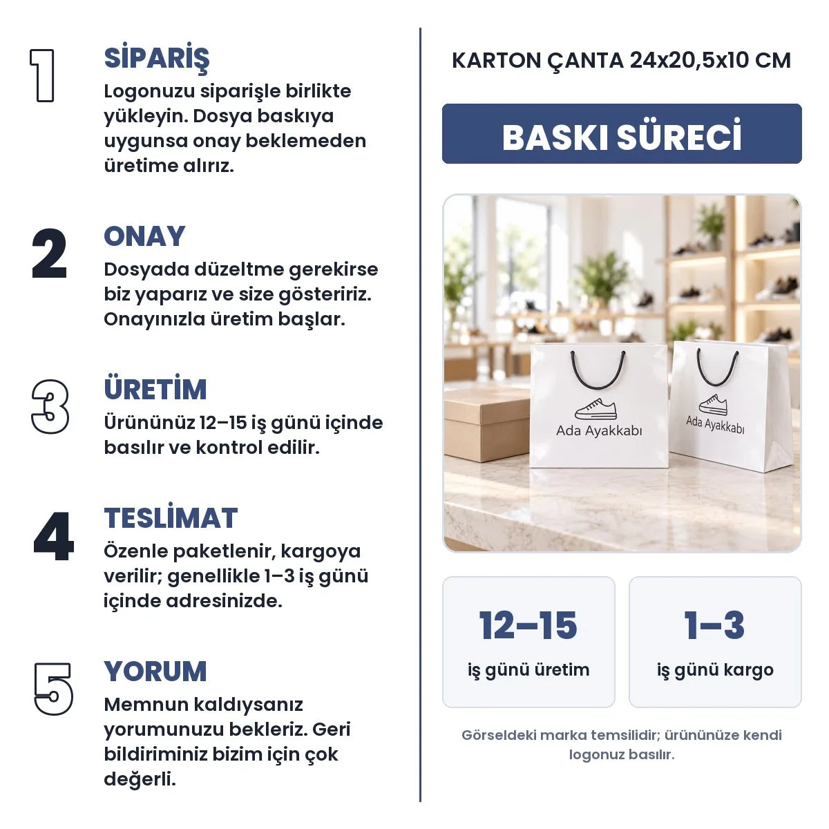 Karton çanta 24x20,5x10 cm baskı süreci: sipariş, onay, üretim 12–15 iş günü, teslimat 1–3 iş günü
