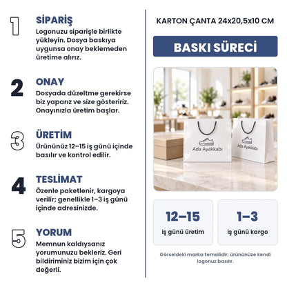 Karton çanta 24x20,5x10 cm baskı süreci: sipariş, onay, üretim 12–15 iş günü, teslimat 1–3 iş günü