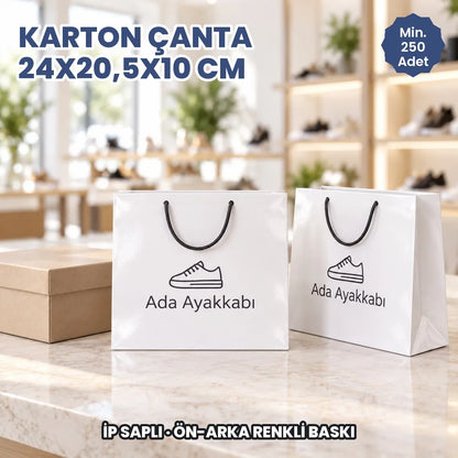 Karton çanta 24x20,5x10 cm örneği: ön ve arka yüzü baskılı, ip saplı parlak selofanlı kâğıt çanta