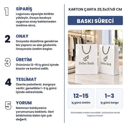 Karton çanta 25,5x37x8 cm baskı süreci: sipariş, onay, üretim 12–15 iş günü, teslimat 1–3 iş günü