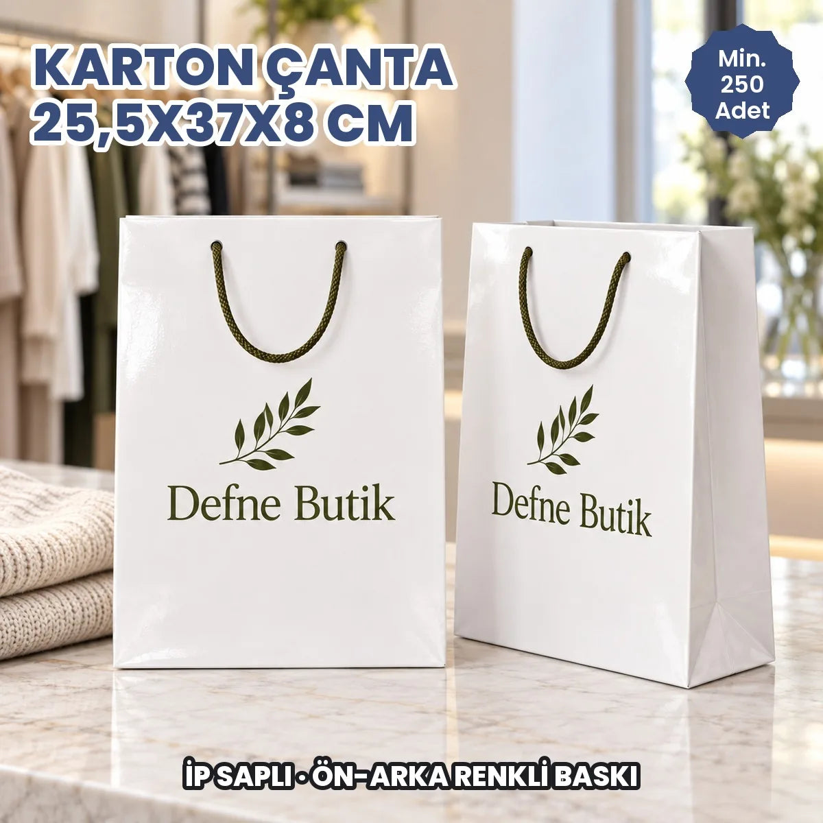 Karton çanta 25,5x37x8 cm örneği: ön ve arka yüzü baskılı, ip saplı parlak selofanlı kâğıt çanta