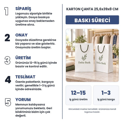 Karton çanta 25,6x39x8 cm baskı süreci: sipariş, onay, üretim 12–15 iş günü, teslimat 1–3 iş günü