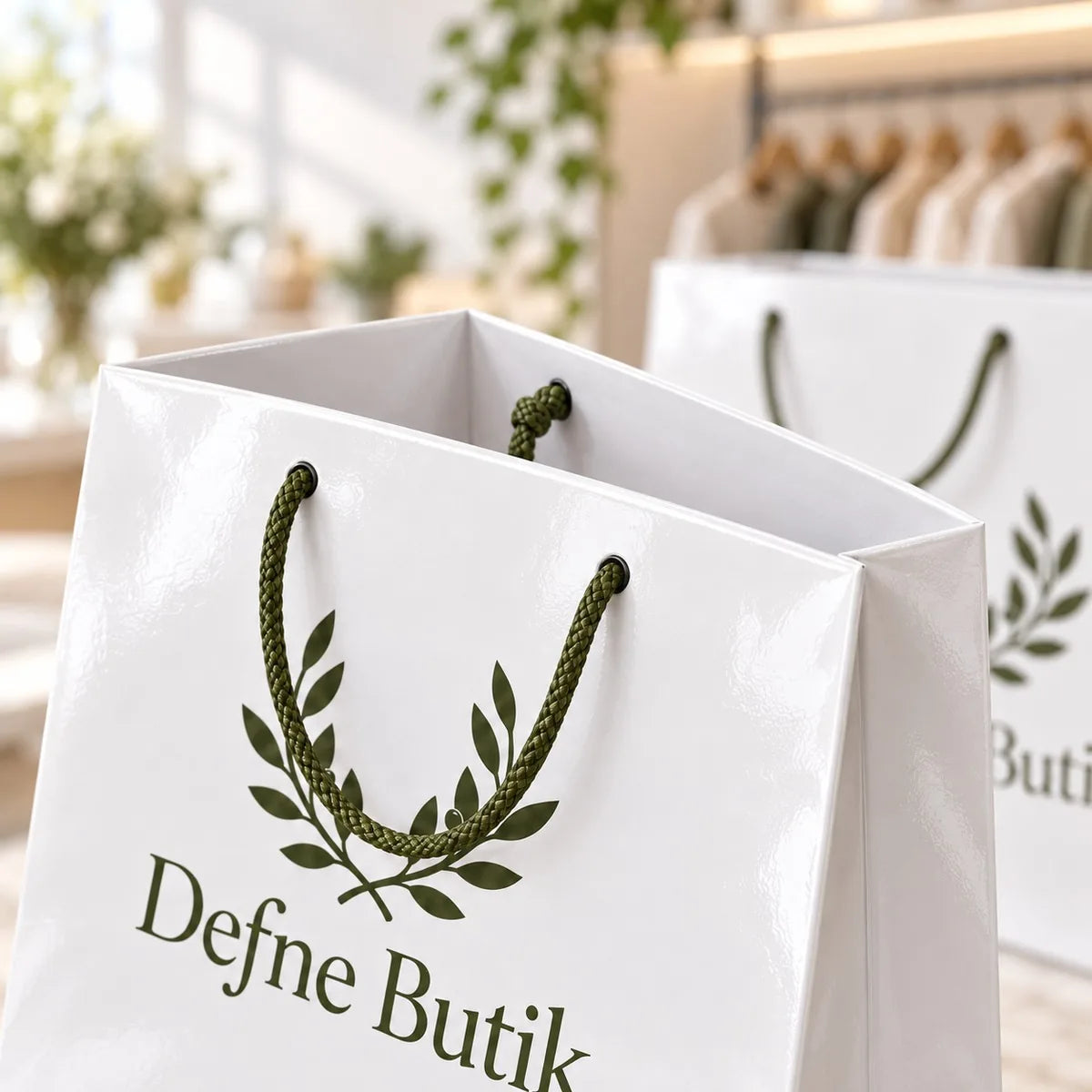 Karton çanta yakın plan: parlak selofan, 4 mm naylon ip sap ve delik ayrıntısı