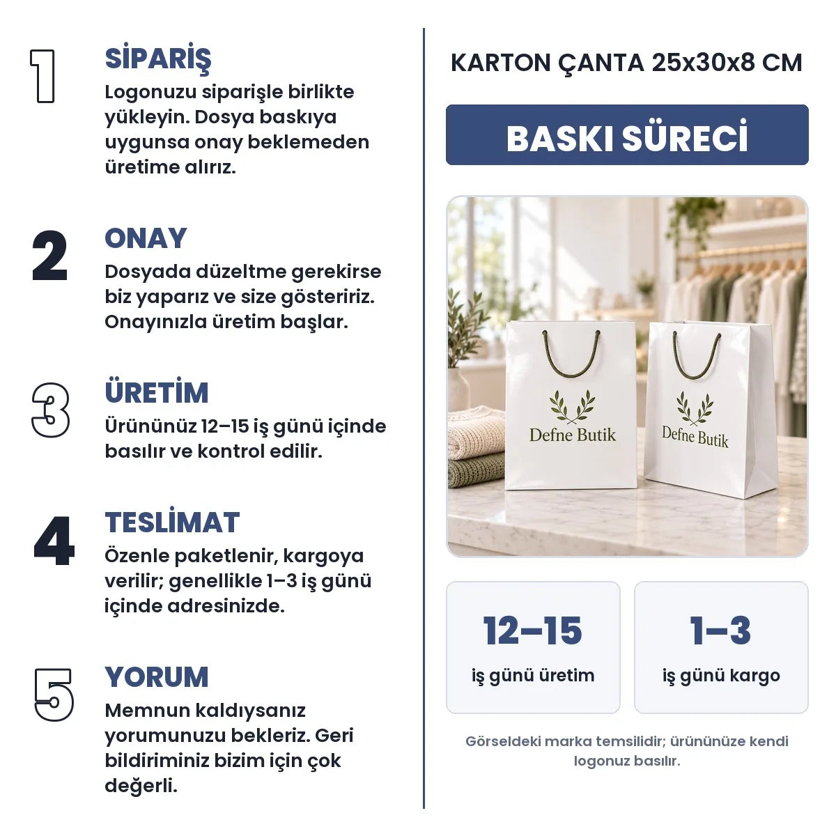 Karton çanta 25x30x8 cm baskı süreci: sipariş, onay, üretim 12–15 iş günü, teslimat 1–3 iş günü