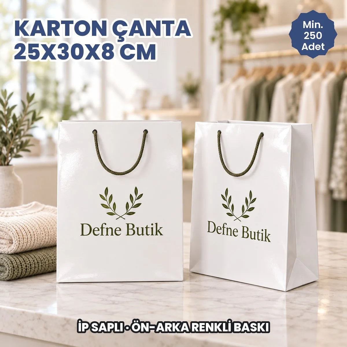 Karton çanta 25x30x8 cm örneği: ön ve arka yüzü baskılı, ip saplı parlak selofanlı kâğıt çanta