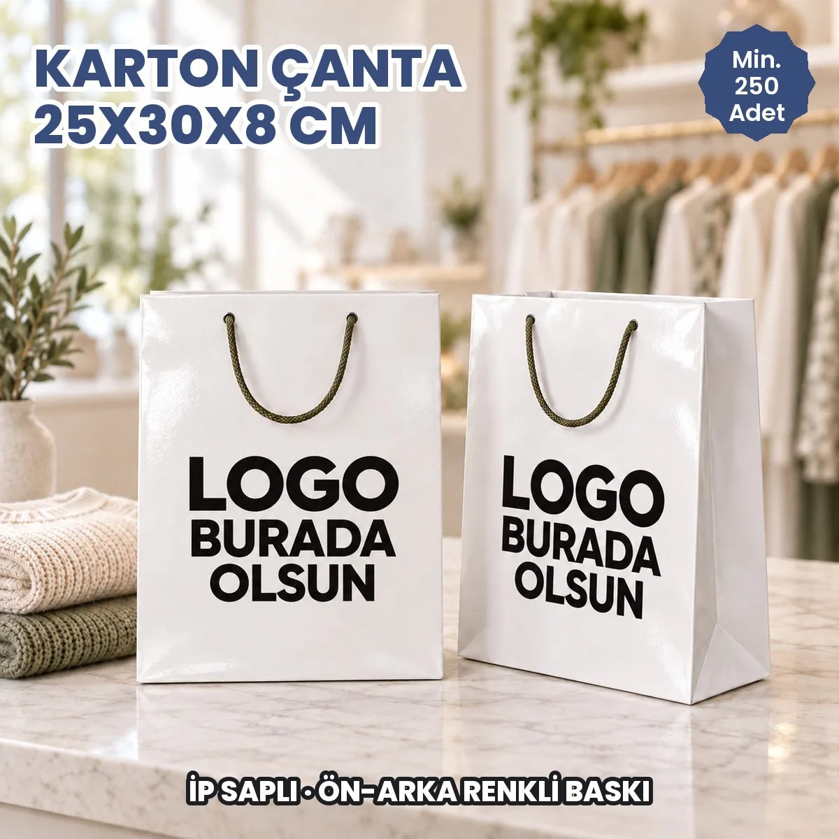 Karton çanta 25x30x8 cm: logonuzun basılacağı ön ve arka yüzü gösteren ip saplı kâğıt çanta