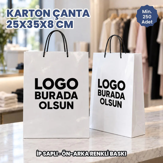 Karton çanta 25x35x8 cm: logonuzun ve bilgilerinizin basılacağı alanları gösteren kapak görseli