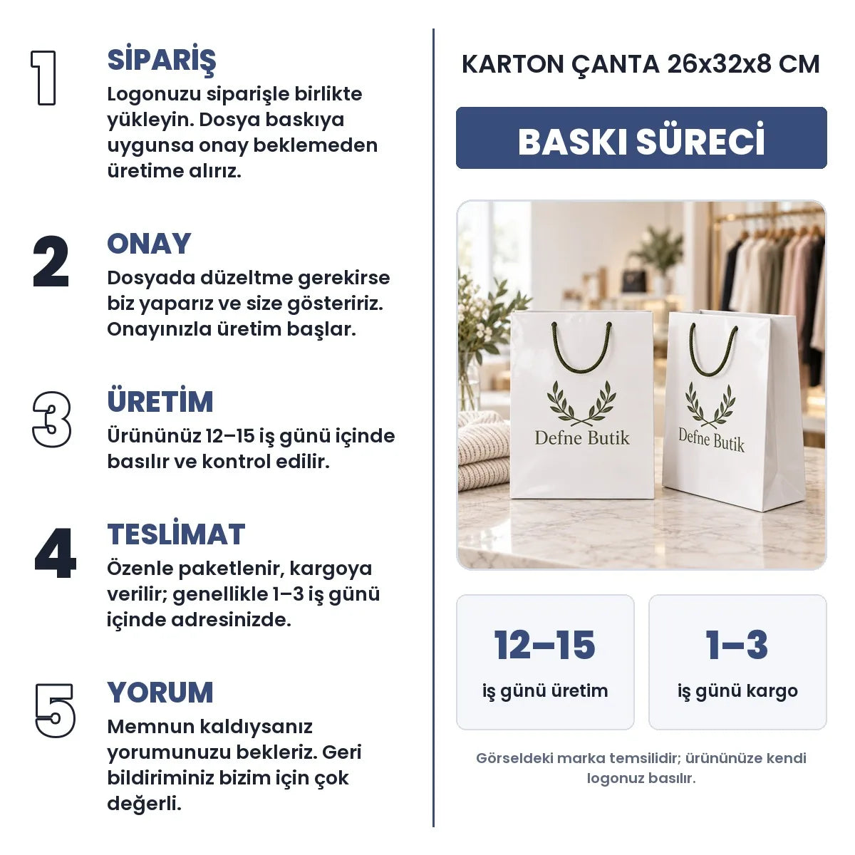 Karton çanta 26x32x8 cm baskı süreci: sipariş, onay, üretim 12–15 iş günü, teslimat 1–3 iş günü
