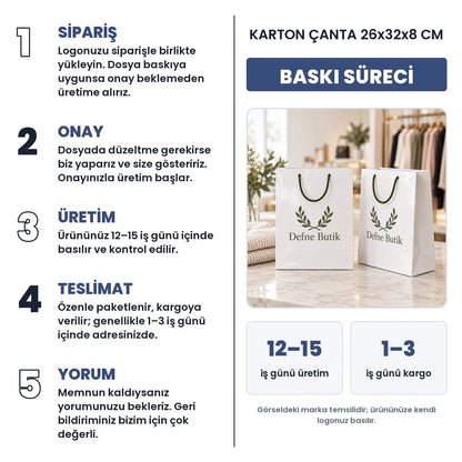 Karton çanta 26x32x8 cm baskı süreci: sipariş, onay, üretim 12–15 iş günü, teslimat 1–3 iş günü