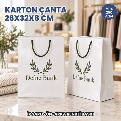 Karton çanta 26x32x8 cm örneği: ön ve arka yüzü baskılı, ip saplı parlak selofanlı kâğıt çanta