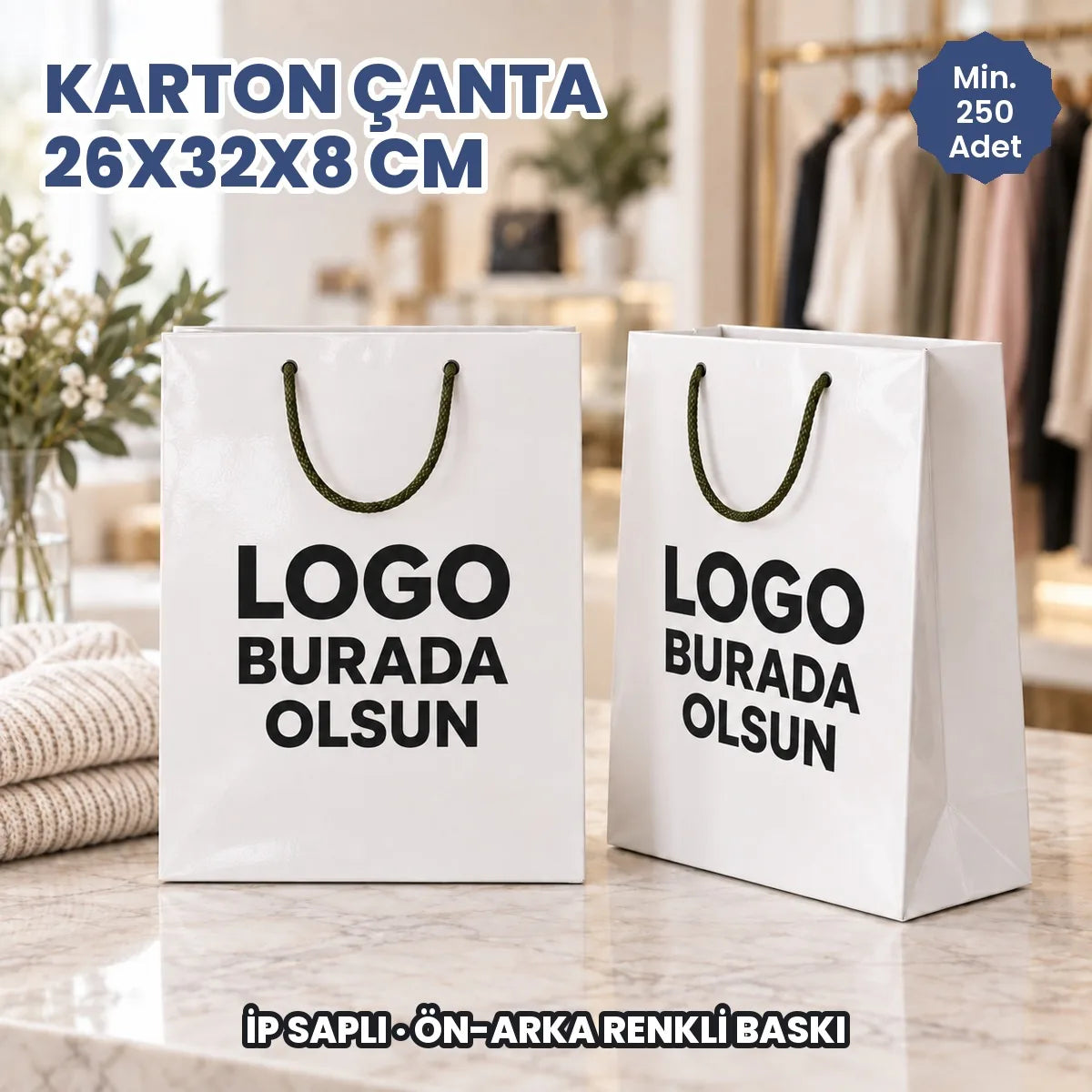 Karton çanta 26x32x8 cm: logonuzun basılacağı ön ve arka yüzü gösteren ip saplı kâğıt çanta