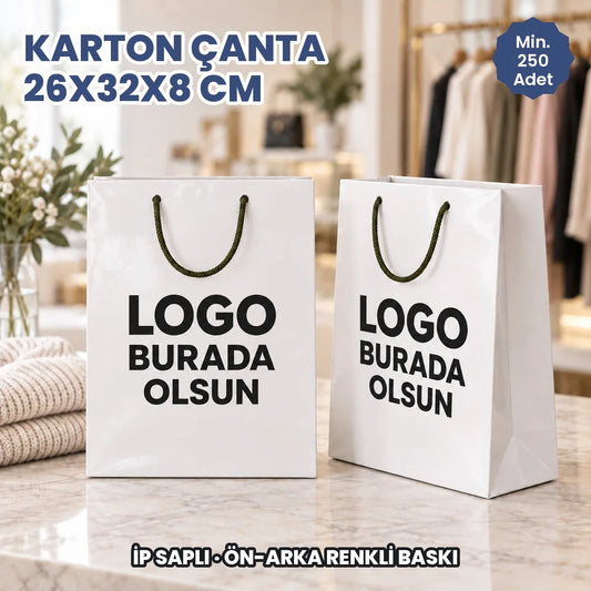 Karton çanta 26x32x8 cm: logonuzun basılacağı ön ve arka yüzü gösteren ip saplı kâğıt çanta