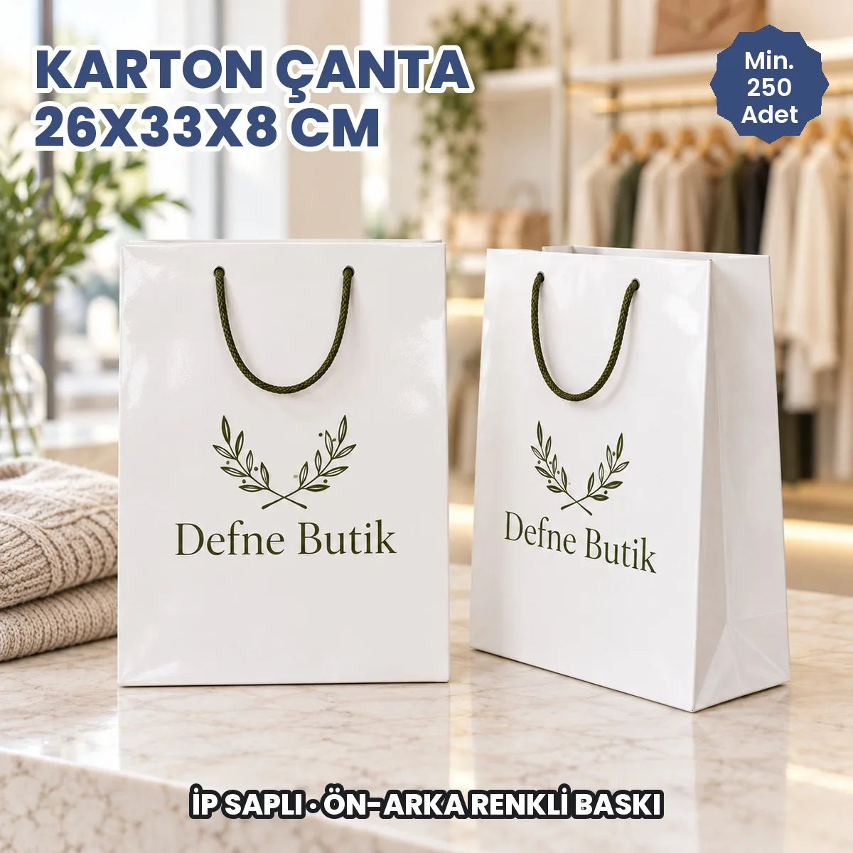 Karton çanta 26x33x8 cm örneği: ön ve arka yüzü baskılı, ip saplı parlak selofanlı kâğıt çanta