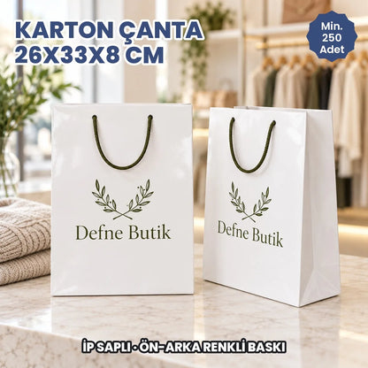 Karton çanta 26x33x8 cm örneği: ön ve arka yüzü baskılı, ip saplı parlak selofanlı kâğıt çanta