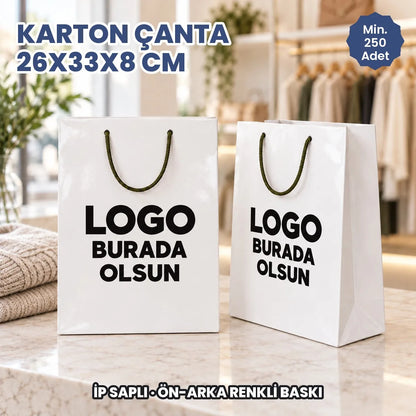 Karton çanta 26x33x8 cm: logonuzun basılacağı ön ve arka yüzü gösteren ip saplı kâğıt çanta