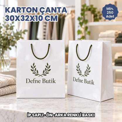 Karton çanta 30x32x10 cm örneği: ön ve arka yüzü baskılı, ip saplı parlak selofanlı kâğıt çanta