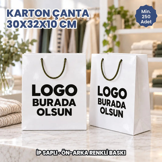 Karton çanta 30x32x10 cm: logonuzun basılacağı ön ve arka yüzü gösteren ip saplı kâğıt çanta