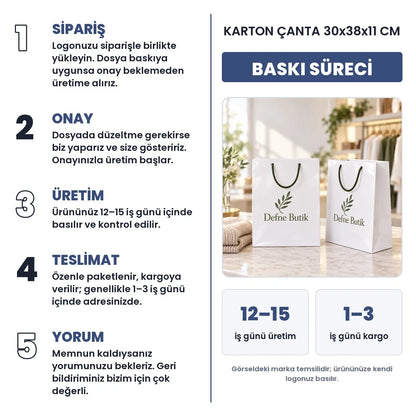 Karton çanta 30x38x11 cm baskı süreci: sipariş, onay, üretim 12–15 iş günü, teslimat 1–3 iş günü