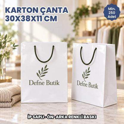 Karton çanta 30x38x11 cm örneği: ön ve arka yüzü baskılı, ip saplı parlak selofanlı kâğıt çanta